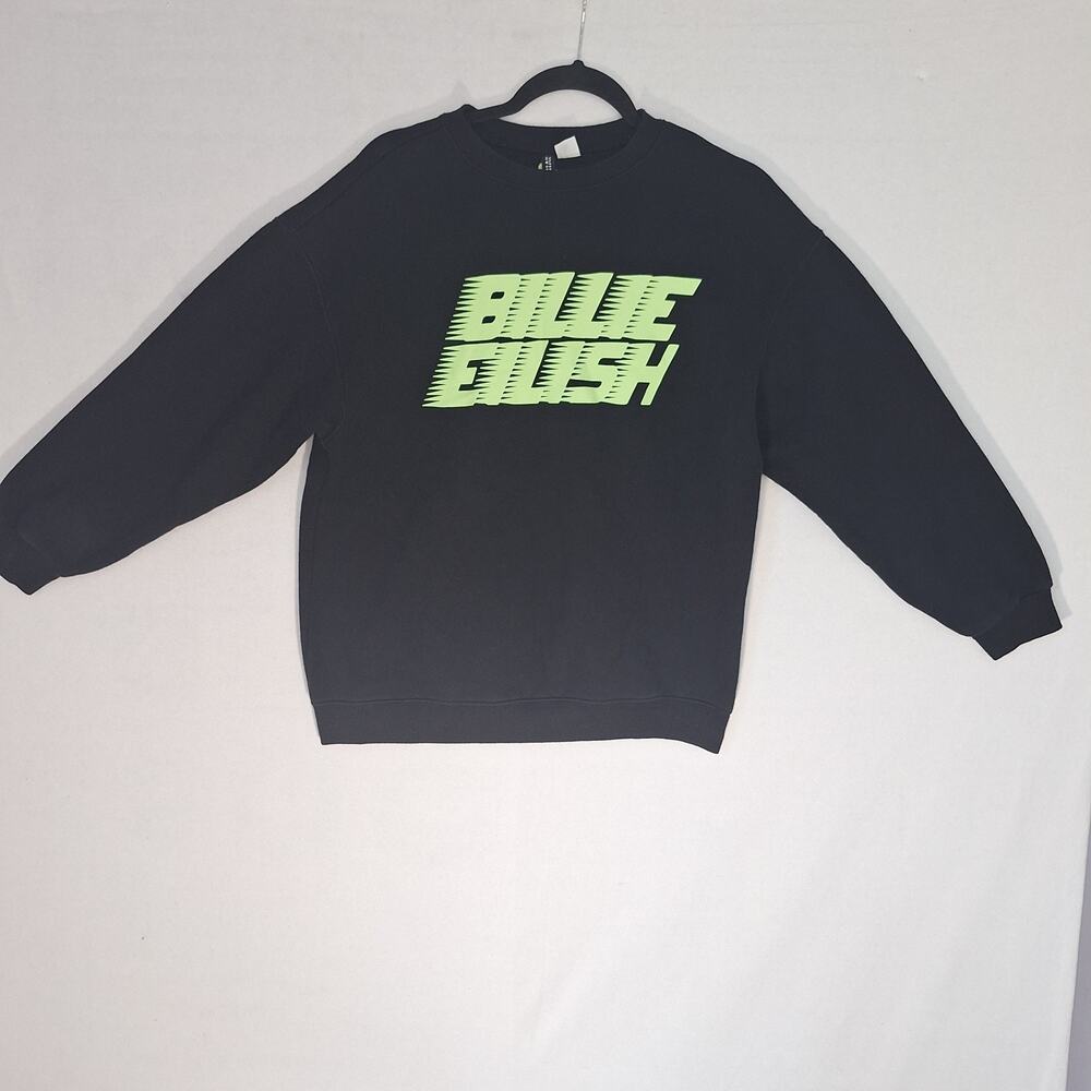 Billie Eilish Fleece Sweater Womens XS Black Neon Green Lettering Crew Neck H&M